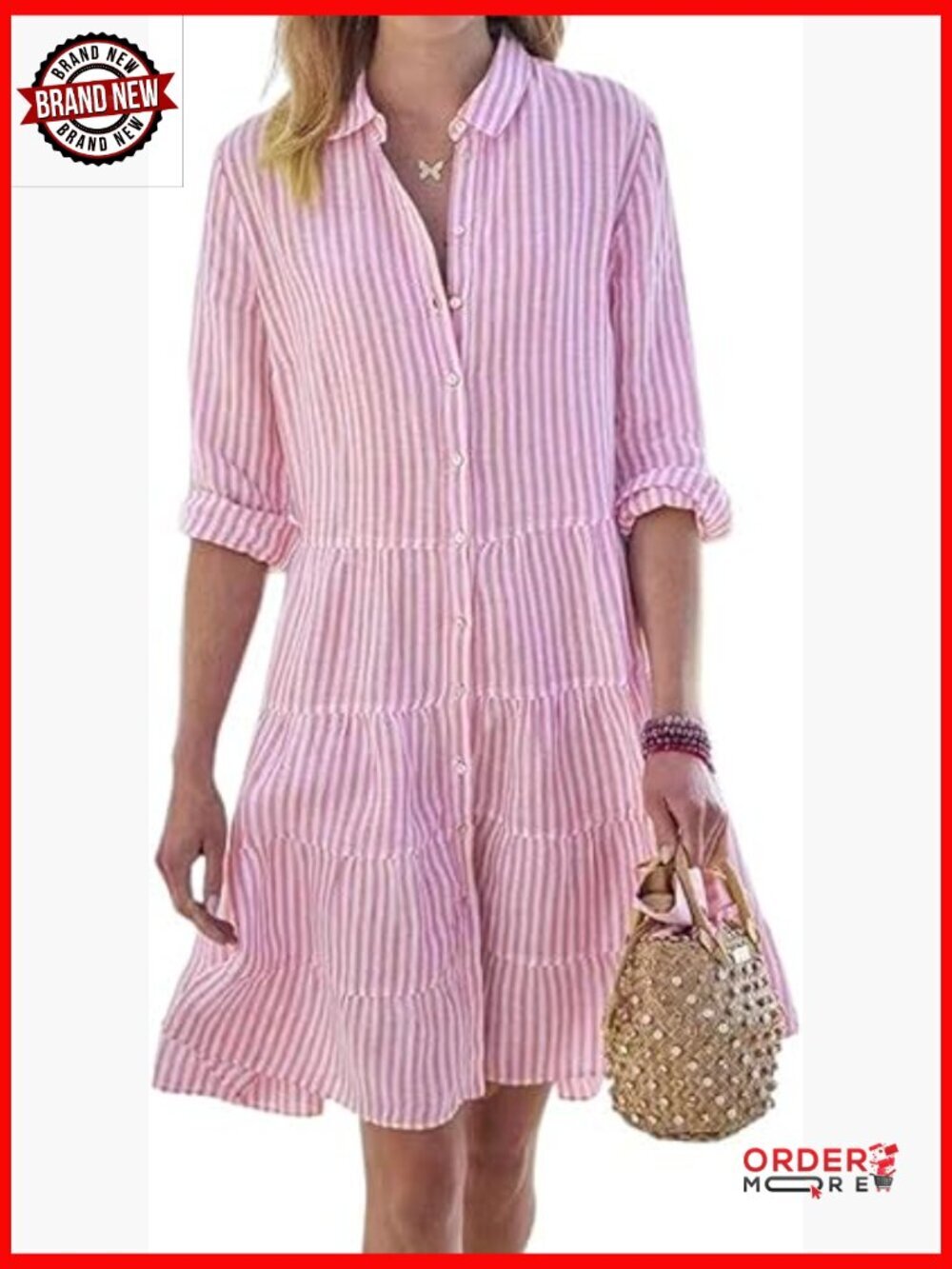 Striped Button Down Midi Shirt Dress Long Sleeve Casual